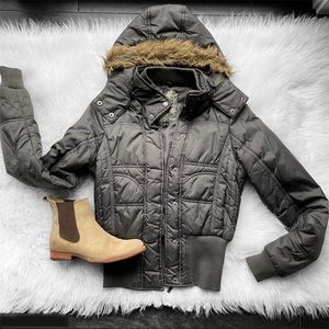 Army Green Bomber Jacket with Fur Hood Olive